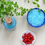Colorful arrangement of blue salt, red berries, and marjoram for a refreshing still life display.